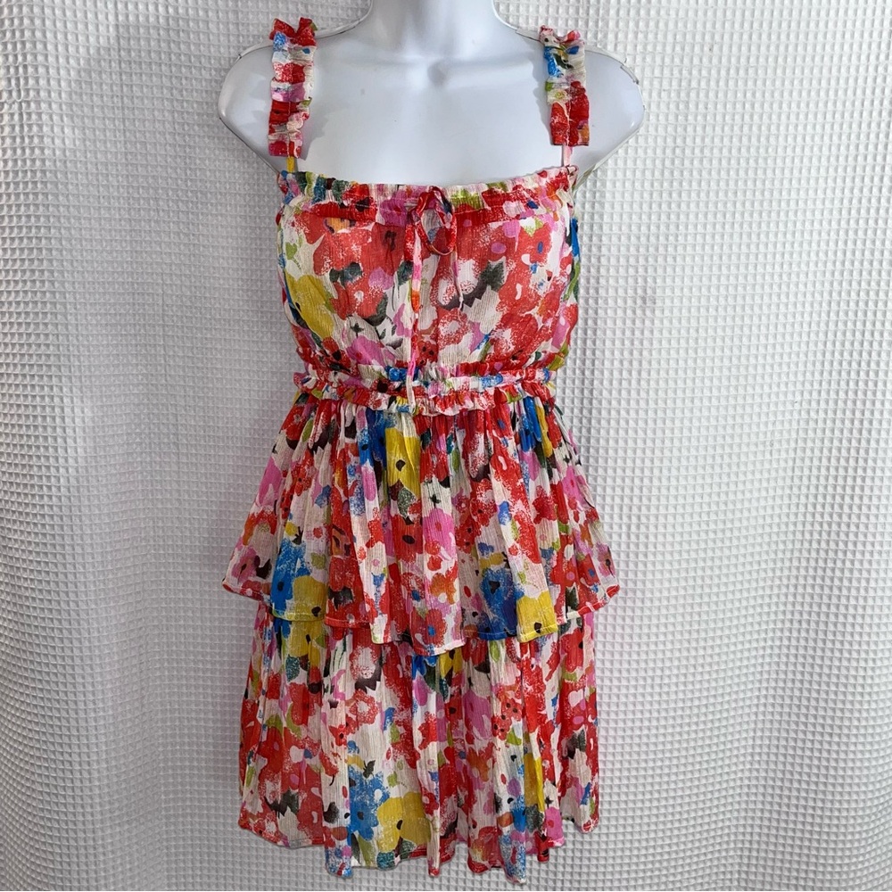 Minuet Petite Pink Multi Floral Tiered Ruffle Dress size small